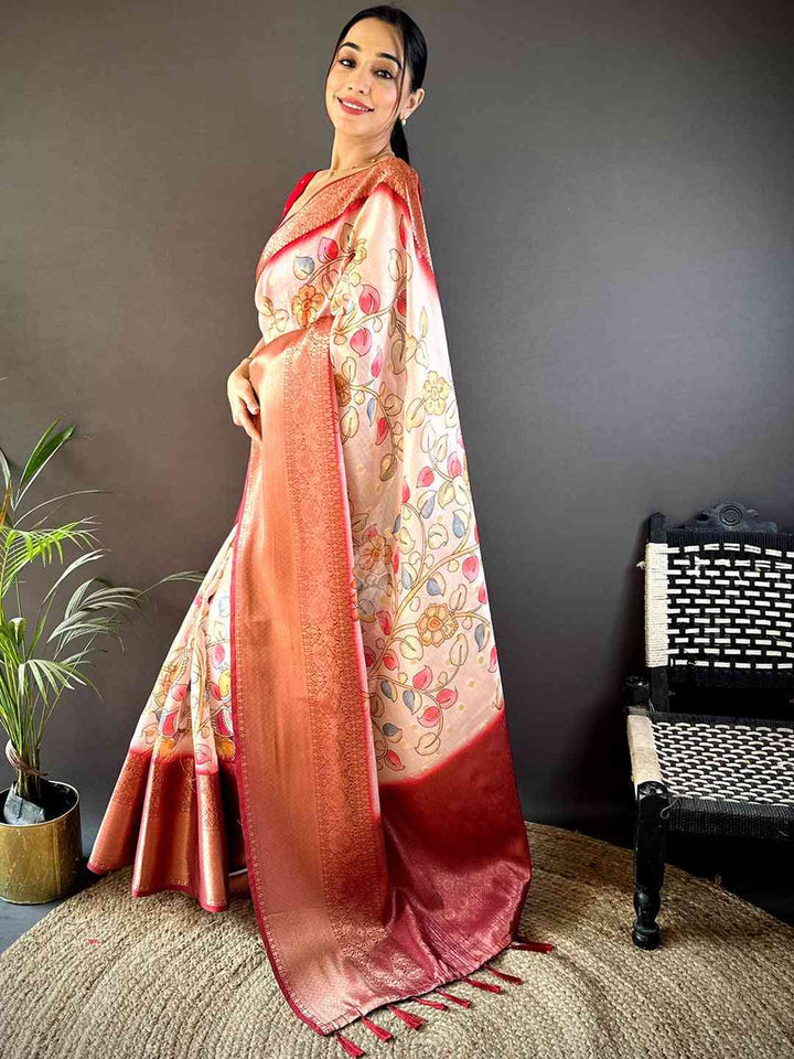 Cream & Red Soft Silk Saree with Floral Print and Rich Zari Border