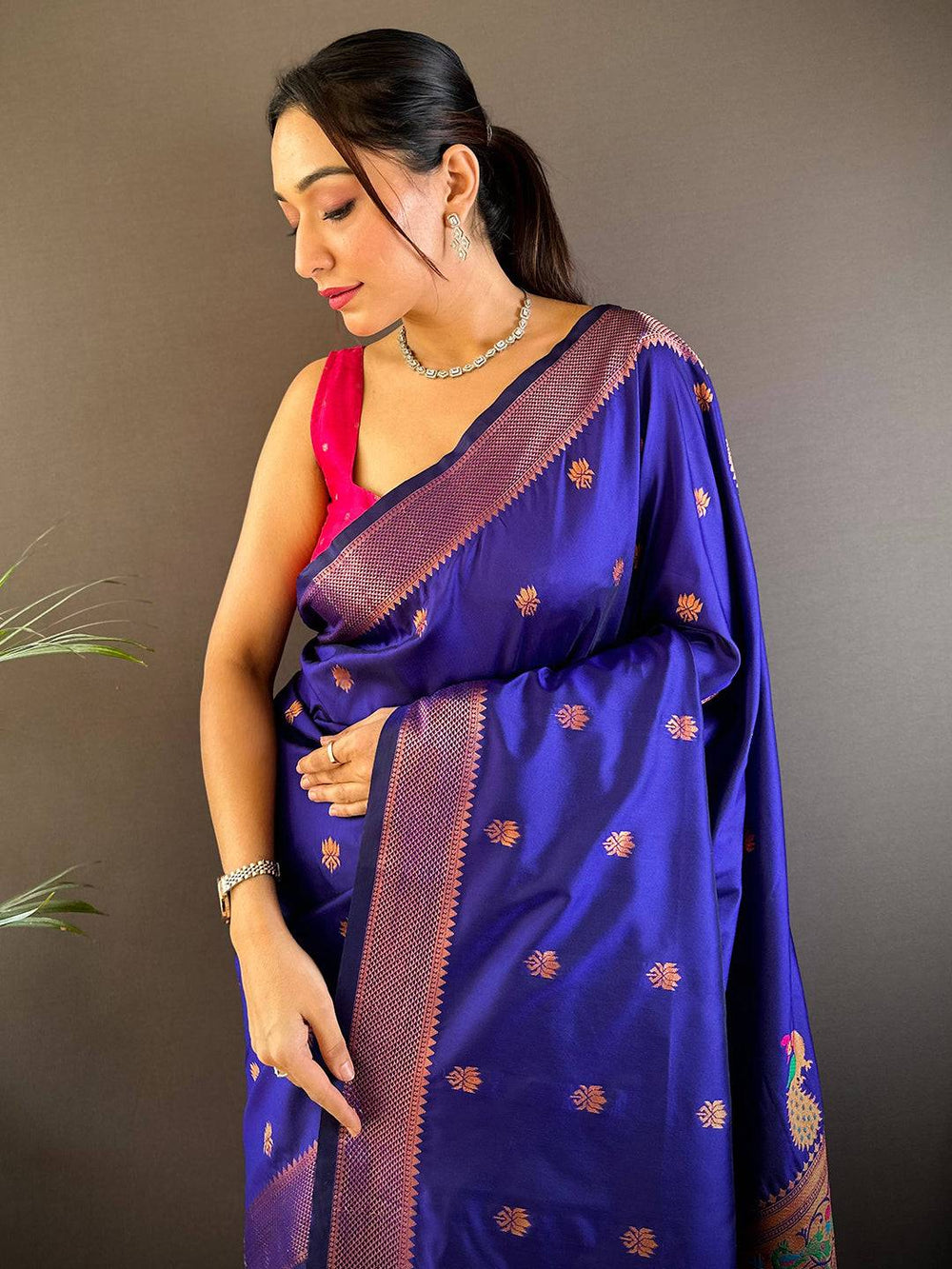 Royal Blue Banarasi Silk Saree with Peacock Motifs & Contrast Pallu