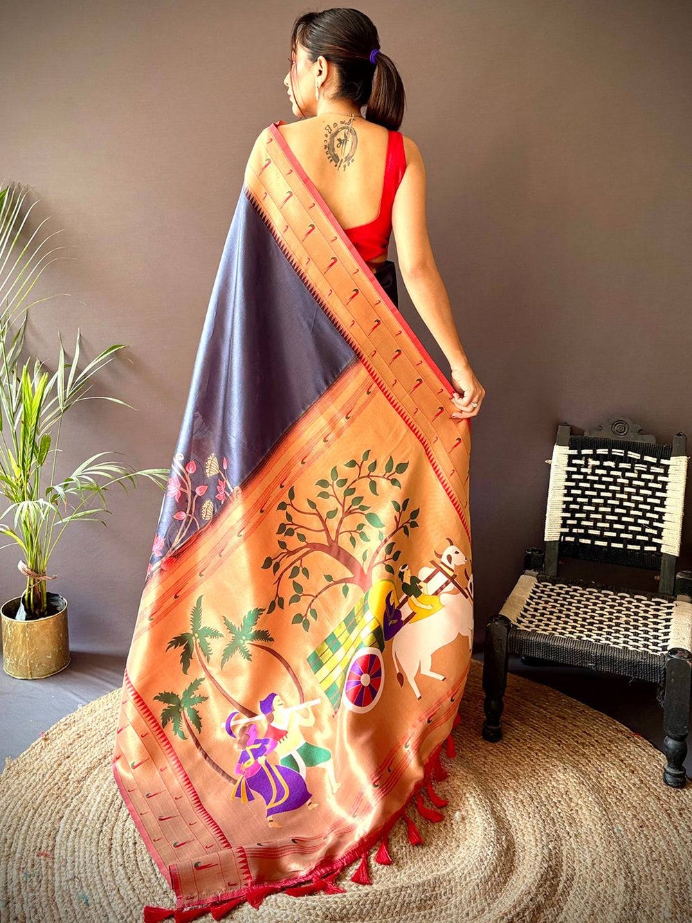 Navy Blue & Rust Ethnic Village Print Silk Saree with Tassel Pallu
