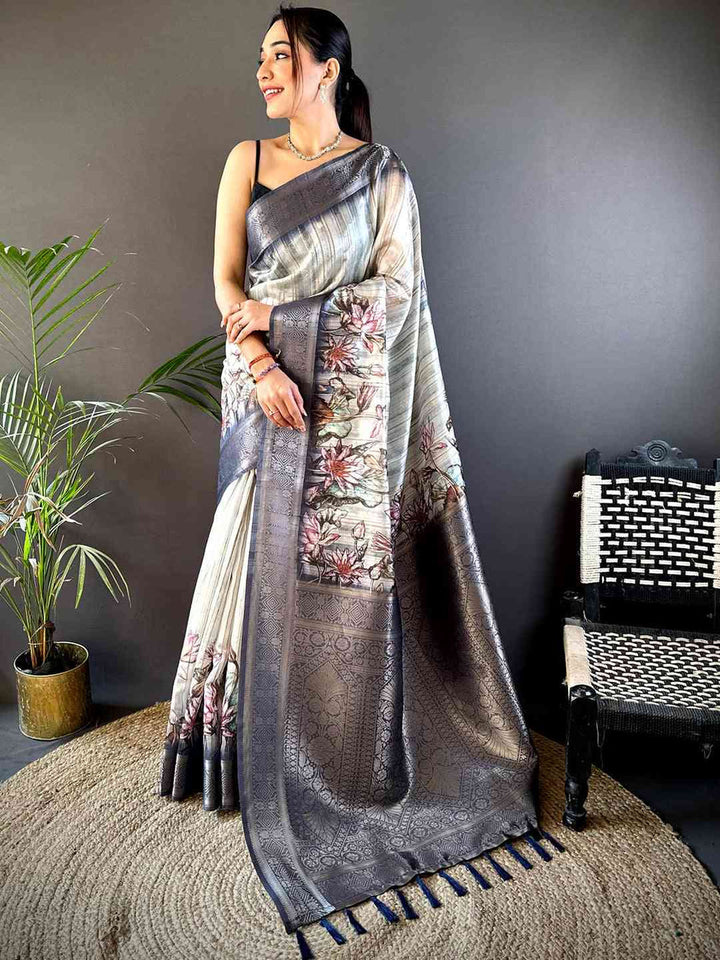Grey Soft Silk Saree with Floral Print & Rich Zari Border