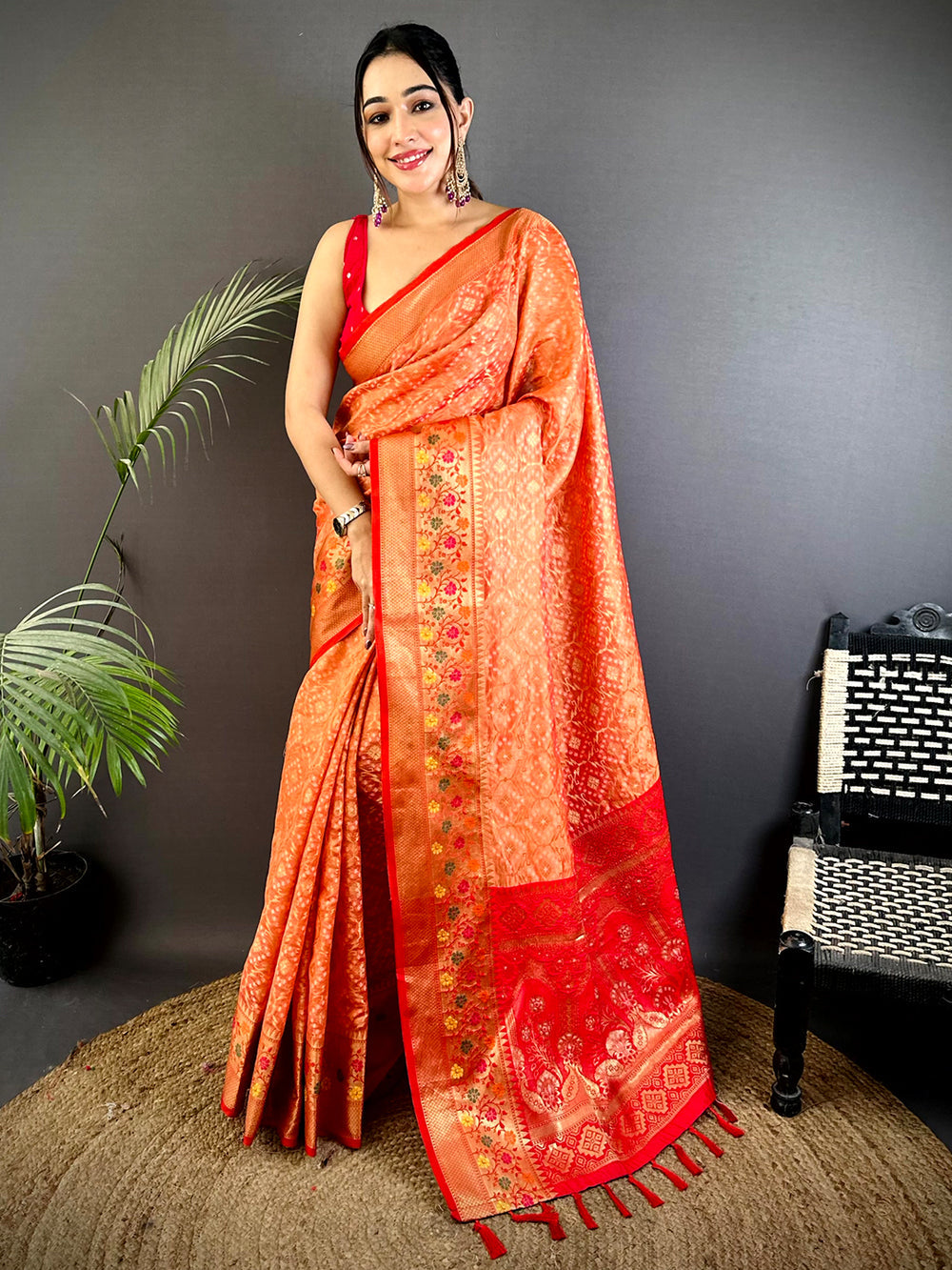 Orange & Red Banarasi Silk Saree with Intricate Zari Weaving and Floral Border