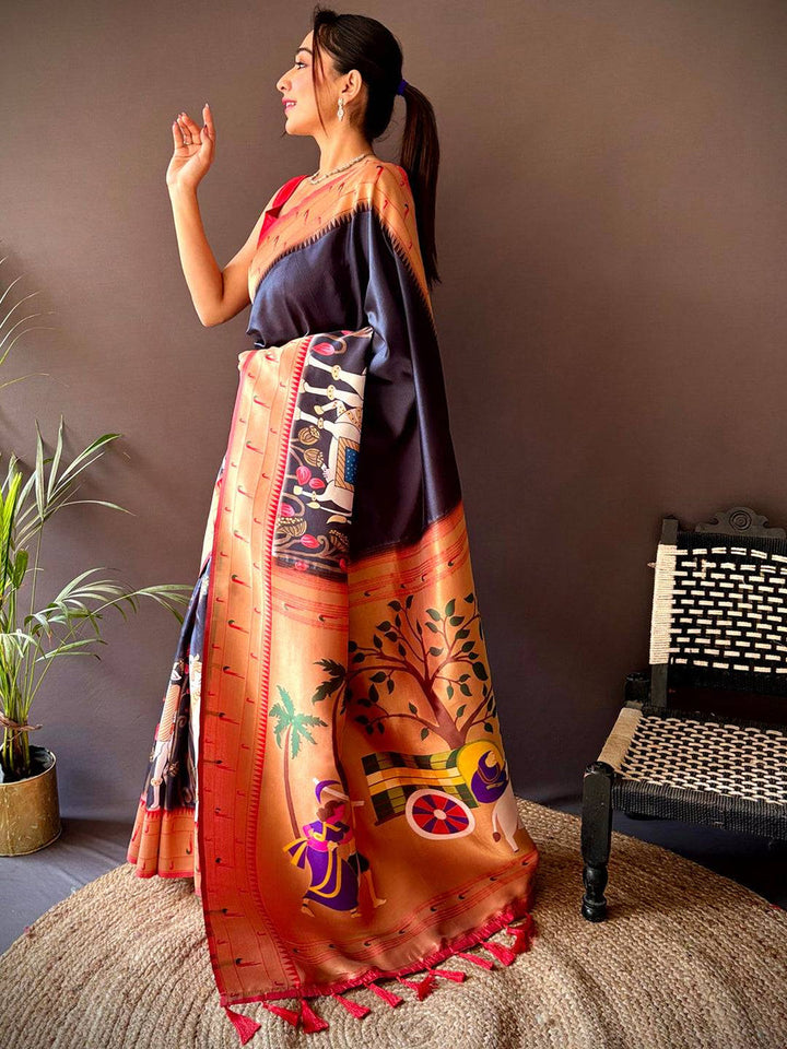 Navy Blue & Rust Ethnic Village Print Silk Saree with Tassel Pallu