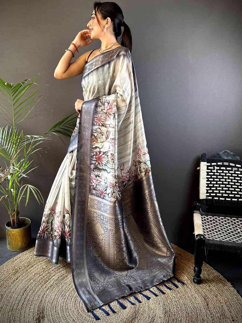 Grey Soft Silk Saree with Floral Print & Rich Zari Border