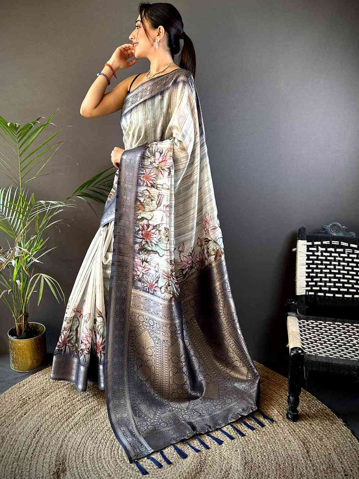 Grey Soft Silk Saree with Floral Print & Rich Zari Border