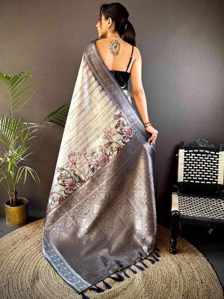 Grey Soft Silk Saree with Floral Print & Rich Zari Border