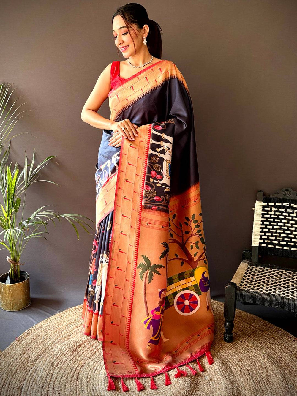Navy Blue & Rust Ethnic Village Print Silk Saree with Tassel Pallu