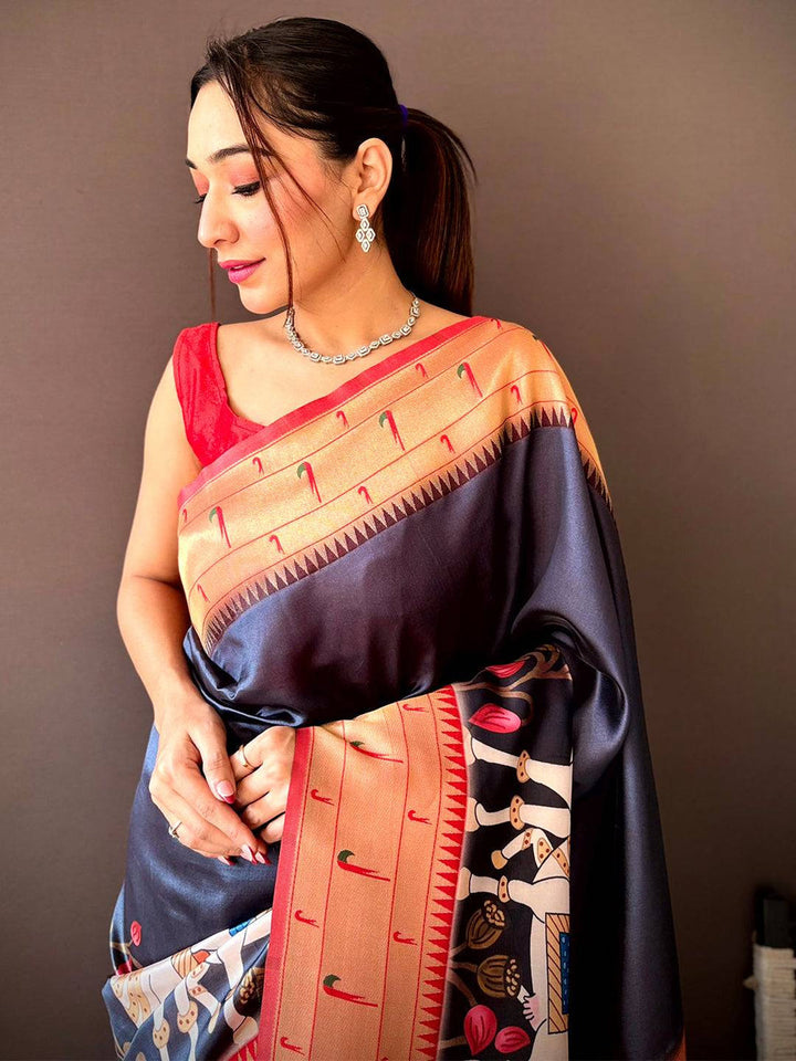 Navy Blue & Rust Ethnic Village Print Silk Saree with Tassel Pallu