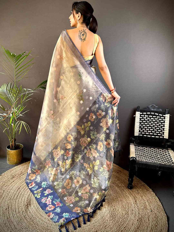 Cream & Navy Soft Silk Saree with Digital Floral Print and Contrast Border