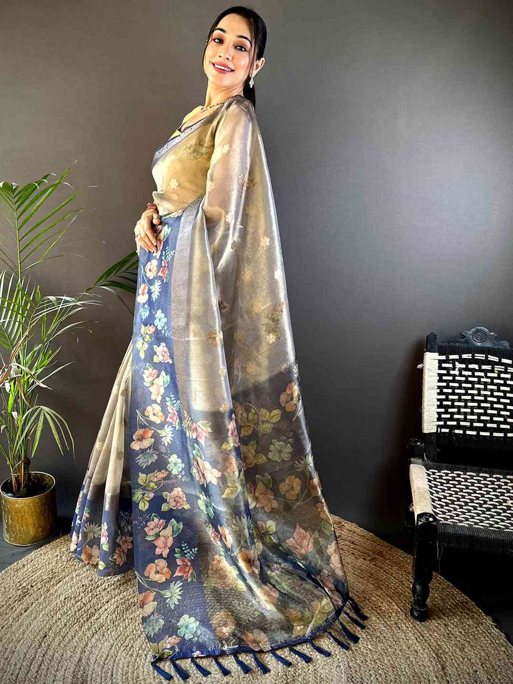 Cream & Navy Soft Silk Saree with Digital Floral Print and Contrast Border
