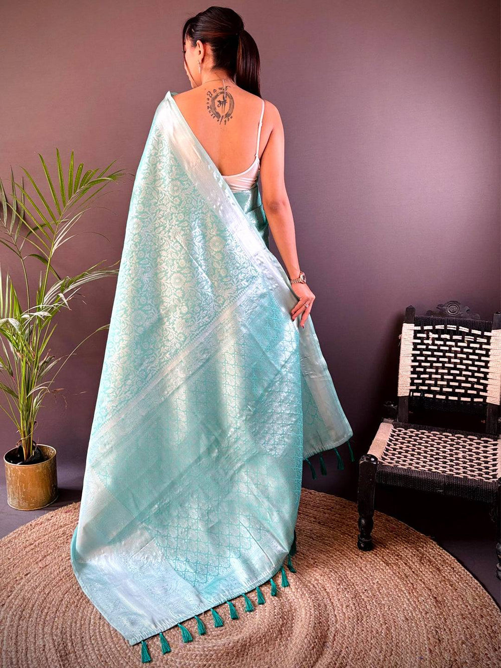 Mint Green Banarasi Silk Saree with Floral Meenakari Weaving & Tassel Pallu