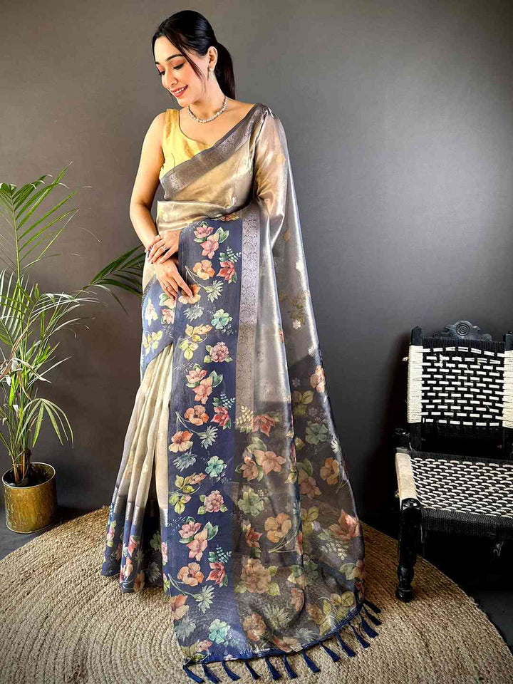 Cream & Navy Soft Silk Saree with Digital Floral Print and Contrast Border