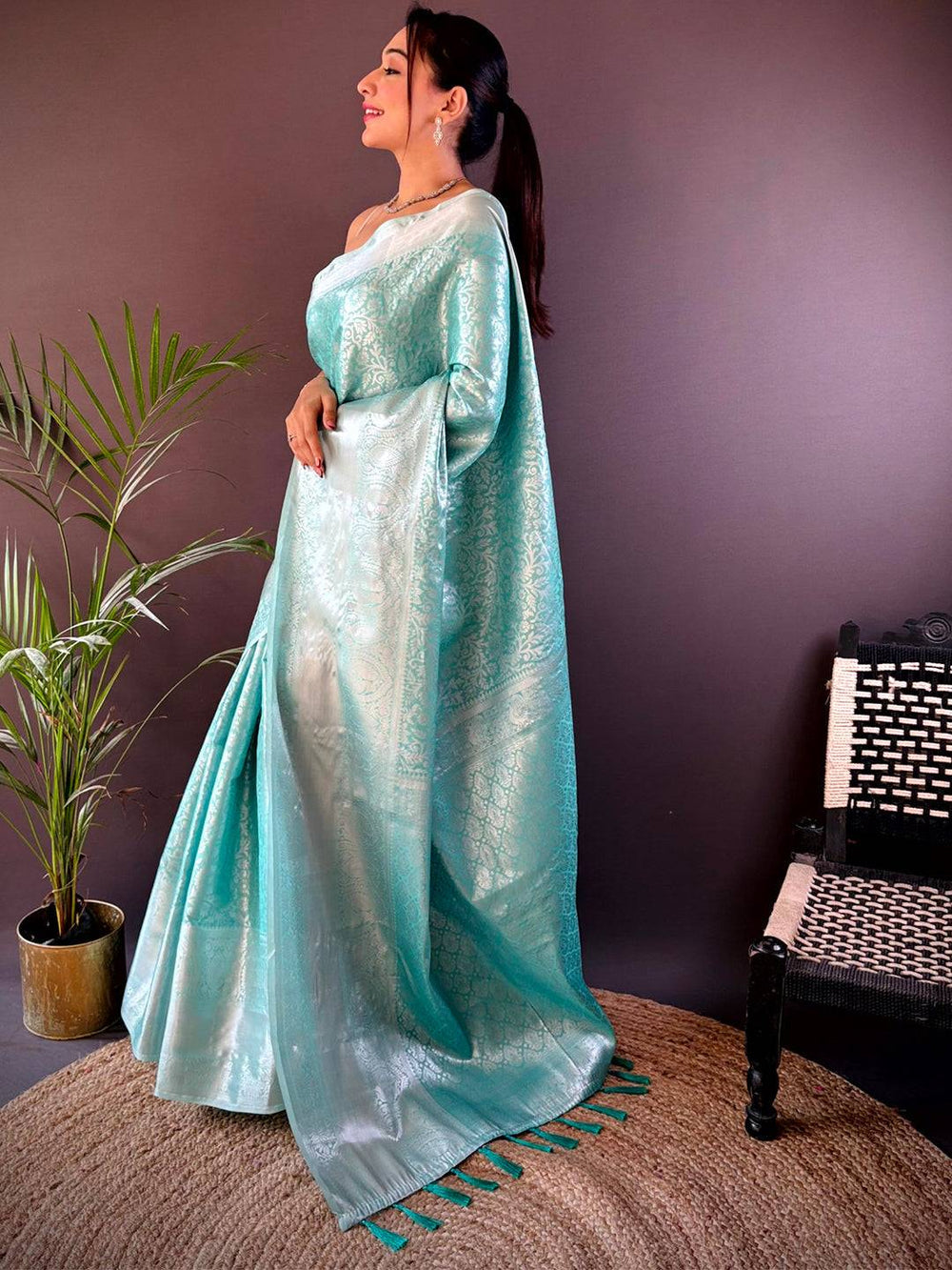 Mint Green Banarasi Silk Saree with Floral Meenakari Weaving & Tassel Pallu