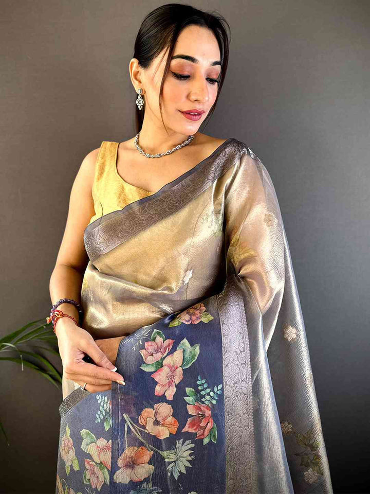 Cream & Navy Soft Silk Saree with Digital Floral Print and Contrast Border