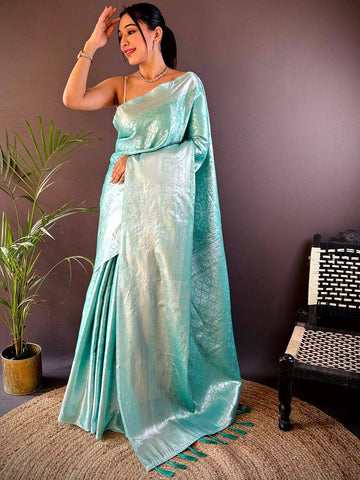 Mint Green Banarasi Silk Saree with Floral Meenakari Weaving & Tassel Pallu