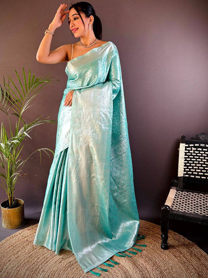 Mint Green Banarasi Silk Saree with Floral Meenakari Weaving & Tassel Pallu