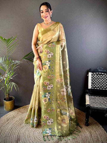 Cream & Olive Green Soft Silk Saree with Digital Floral Print and Zari Border