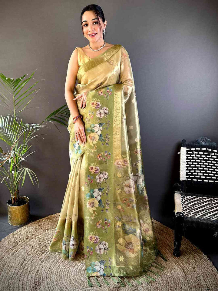 Cream & Olive Green Soft Silk Saree with Digital Floral Print and Zari Border
