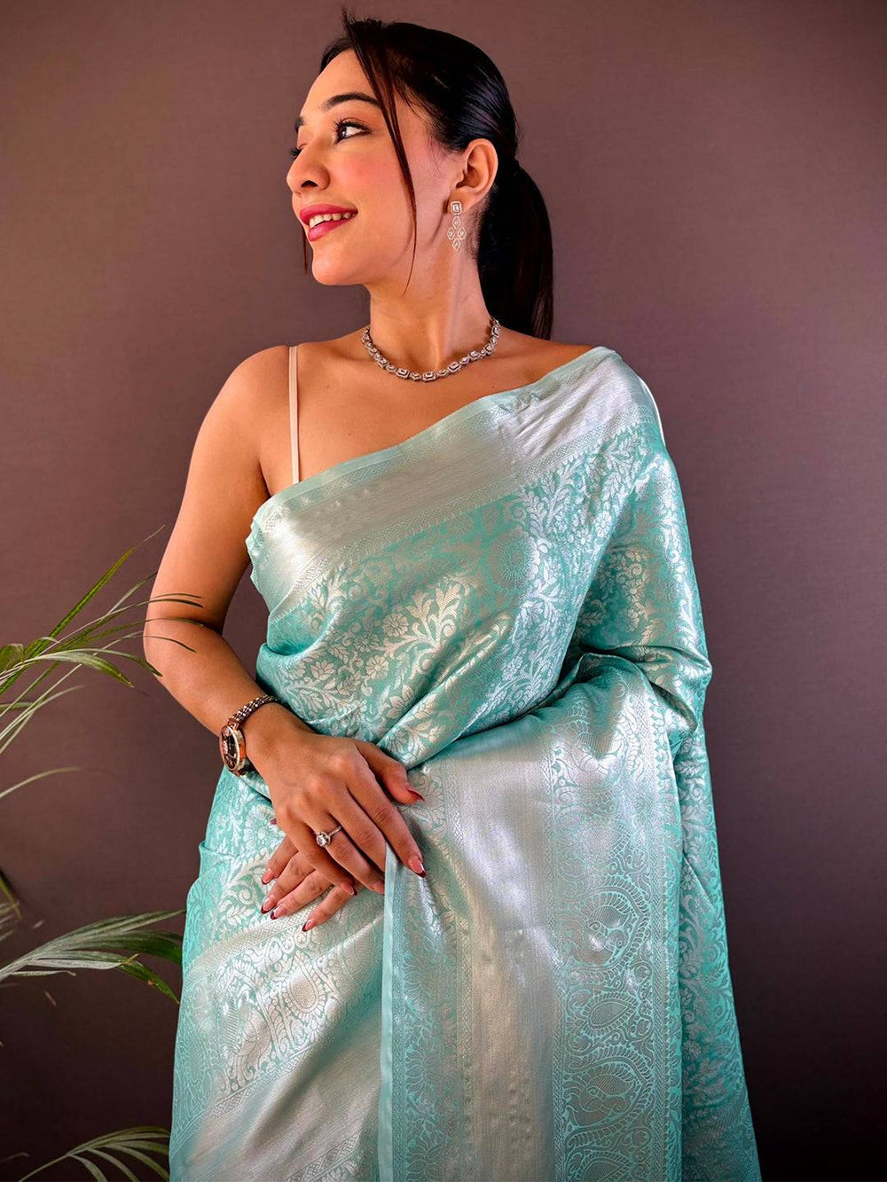 Mint Green Banarasi Silk Saree with Floral Meenakari Weaving & Tassel Pallu