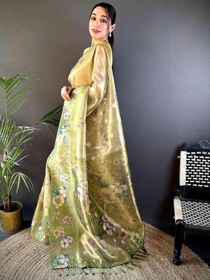 Cream & Olive Green Soft Silk Saree with Digital Floral Print and Zari Border
