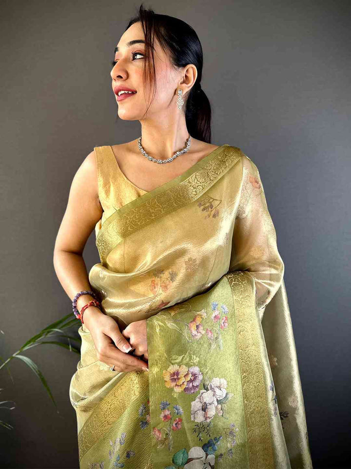 Cream & Olive Green Soft Silk Saree with Digital Floral Print and Zari Border