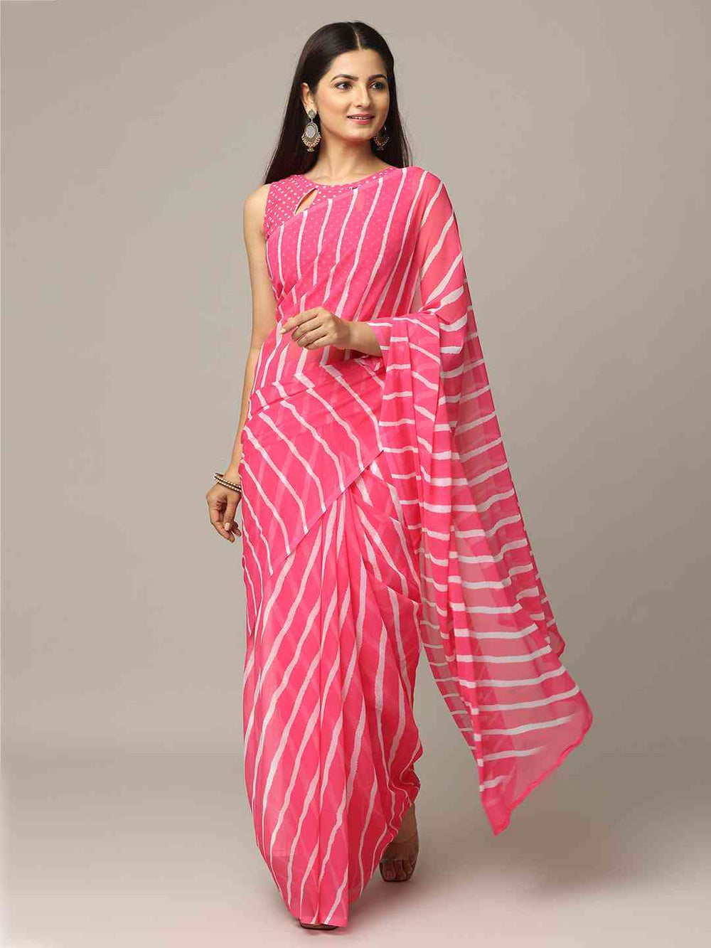 Pink Georgette Saree with White Striped Design