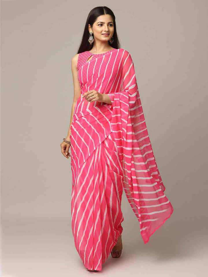 Pink Georgette Saree with White Striped Design