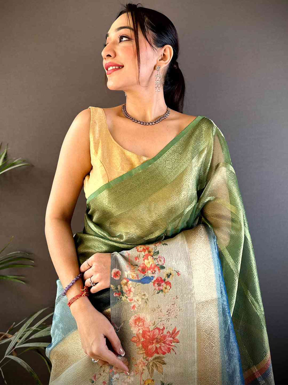 Green & Beige Soft Silk Saree with Digital Floral Print and Contrast Border