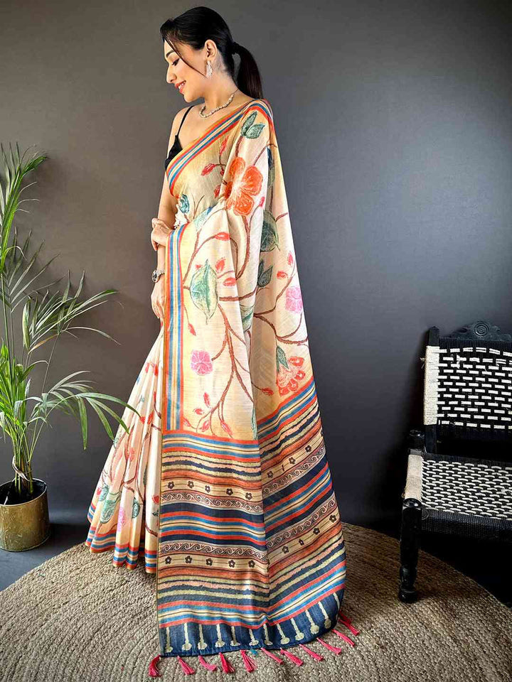 Beige Linen Silk Saree with Multicolor Floral Print & Striped Border