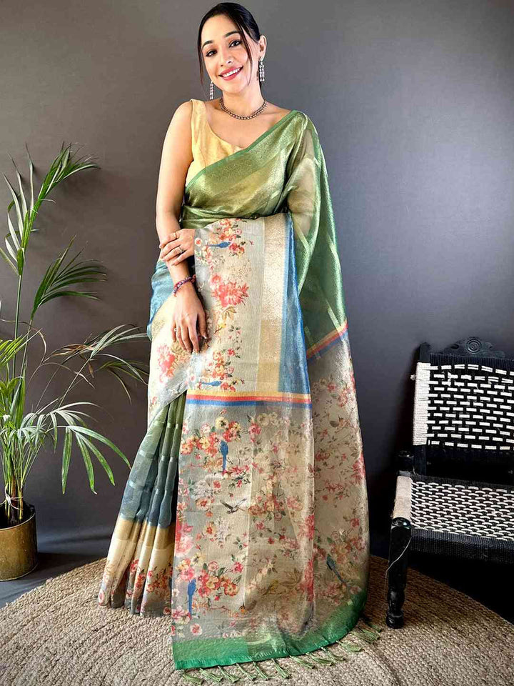 Green & Beige Soft Silk Saree with Digital Floral Print and Contrast Border