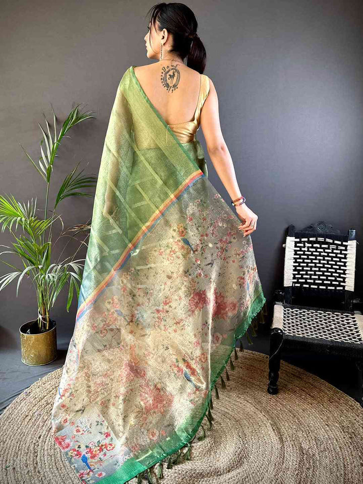 Green & Beige Soft Silk Saree with Digital Floral Print and Contrast Border