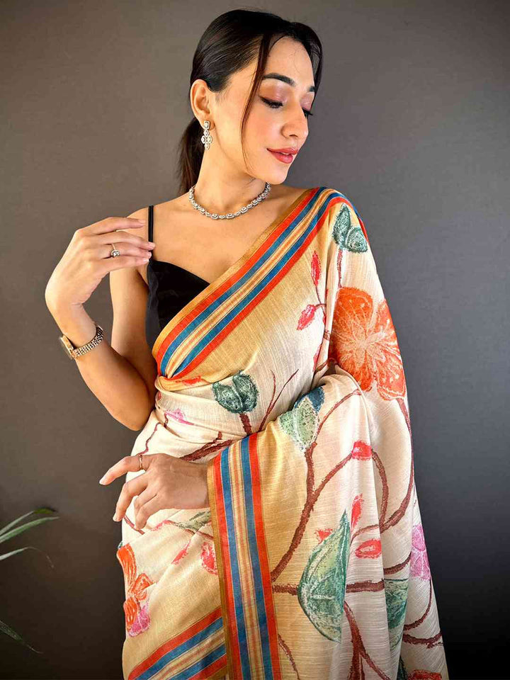 Beige Linen Silk Saree with Multicolor Floral Print & Striped Border