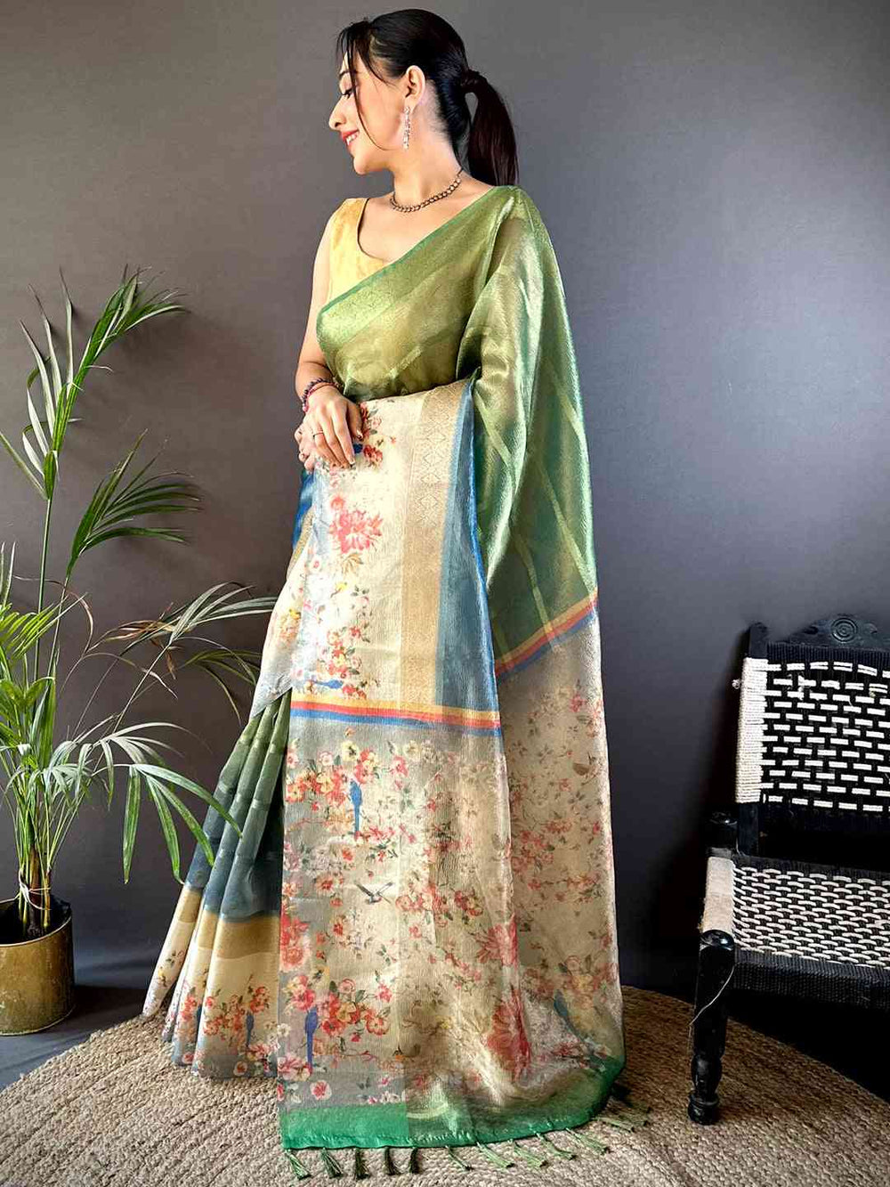 Green & Beige Soft Silk Saree with Digital Floral Print and Contrast Border
