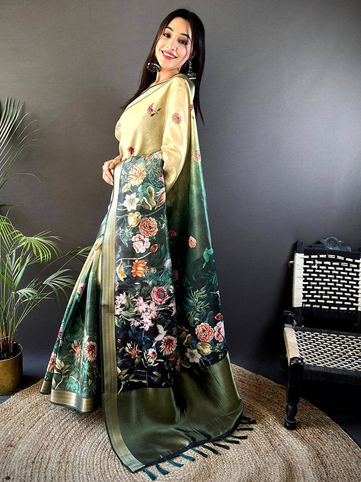 Green Soft Silk Saree with Dark Floral Print & Contrast Zari Border