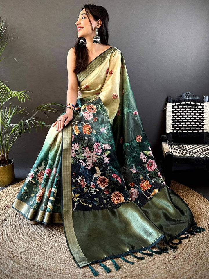 Green Soft Silk Saree with Dark Floral Print & Contrast Zari Border