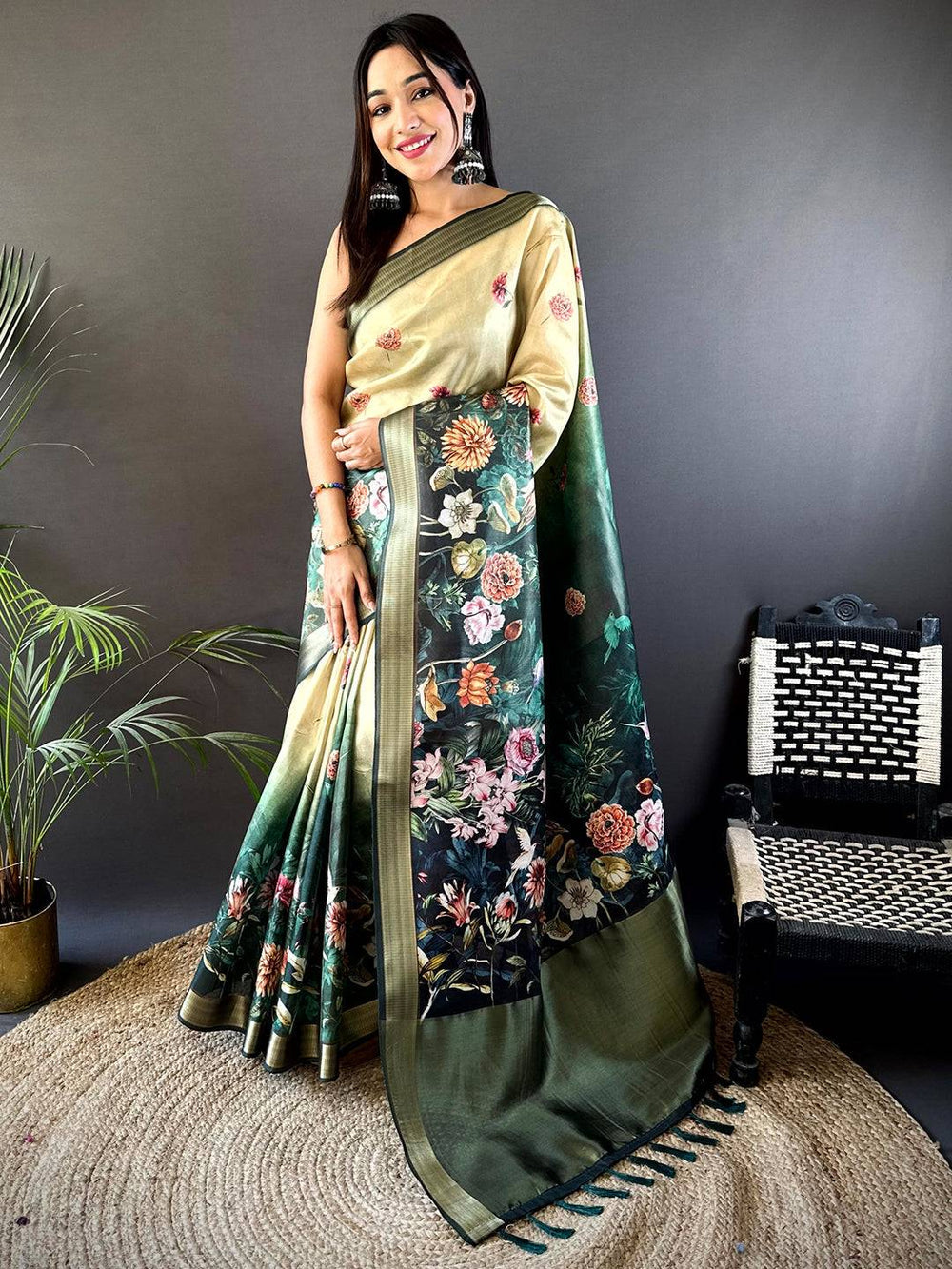 Green Soft Silk Saree with Dark Floral Print & Contrast Zari Border