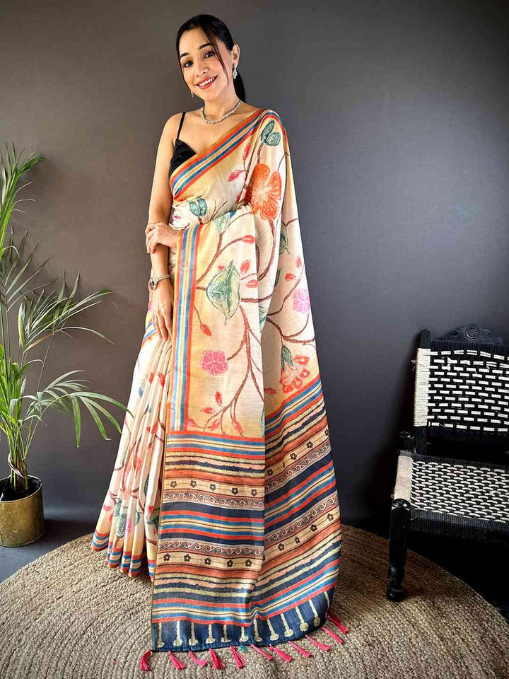 Beige Linen Silk Saree with Multicolor Floral Print & Striped Border