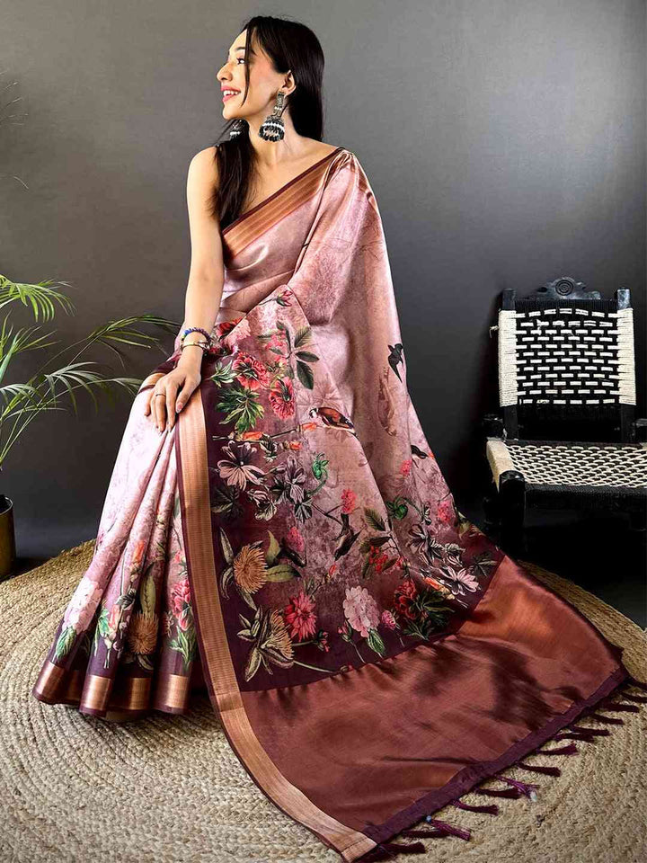 Rose Pink Soft Silk Saree with Dark Floral Print & Contrast Wine Border