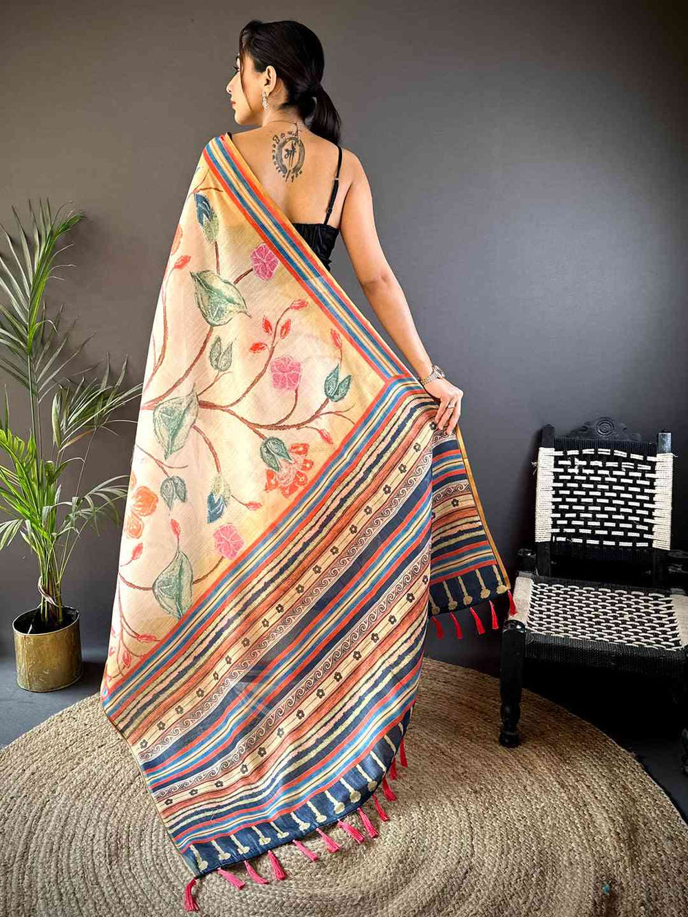 Beige Linen Silk Saree with Multicolor Floral Print & Striped Border