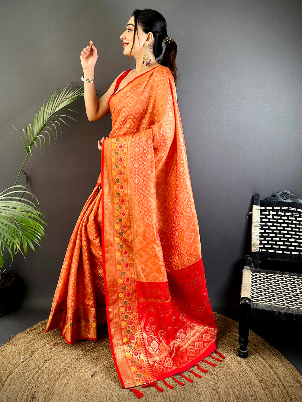 Orange & Red Banarasi Silk Saree with Intricate Zari Weaving and Floral Border