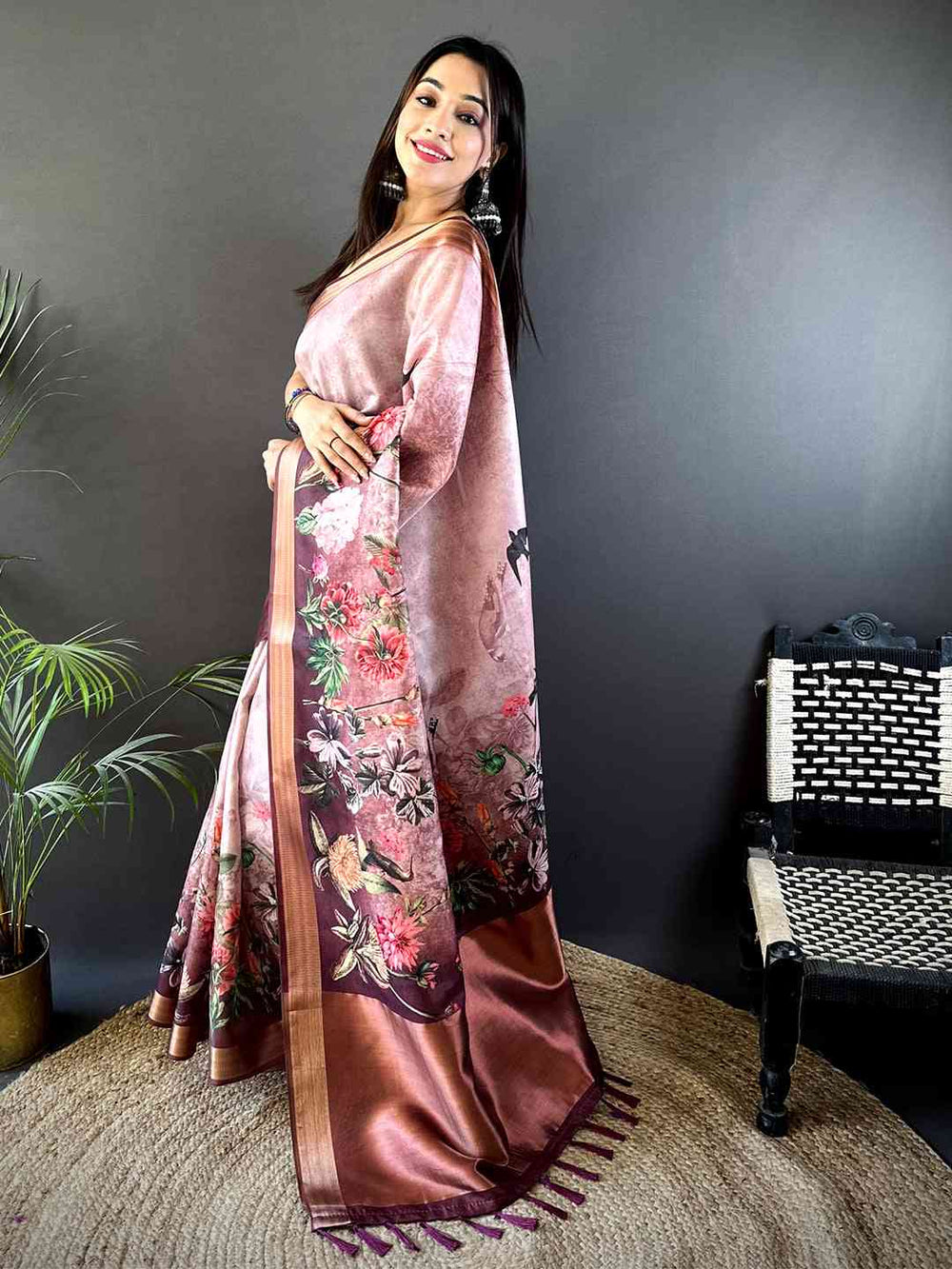 Rose Pink Soft Silk Saree with Dark Floral Print & Contrast Wine Border