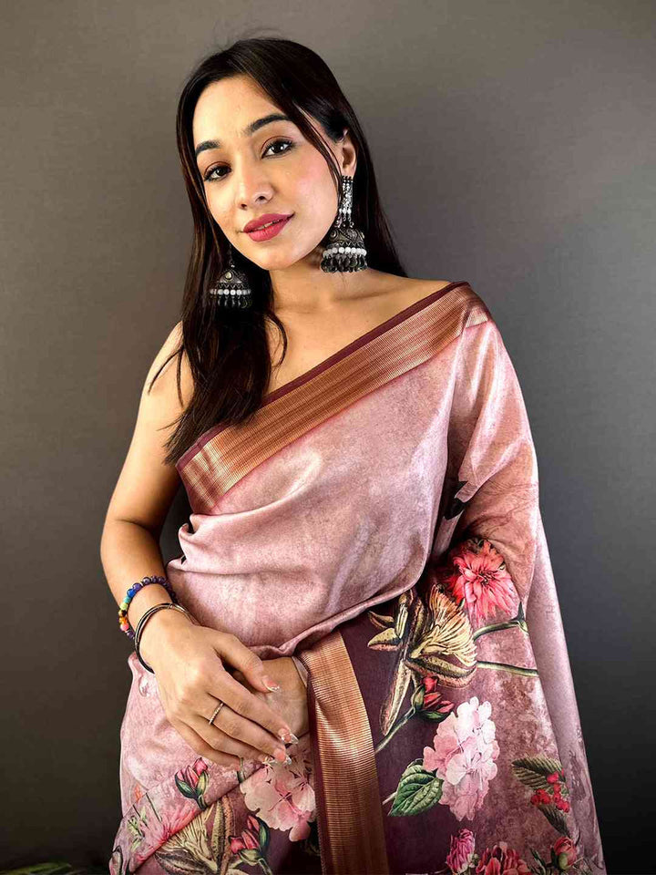 Rose Pink Soft Silk Saree with Dark Floral Print & Contrast Wine Border