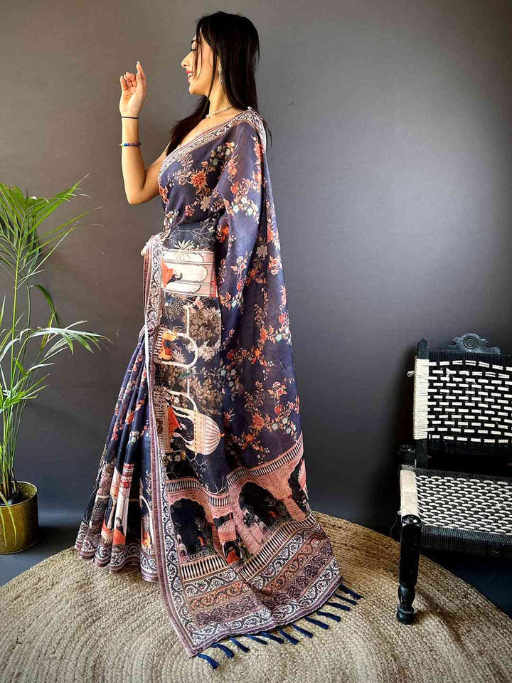 Navy Blue Soft Silk Saree with Floral & Royal Elephant Print and Contrast Border