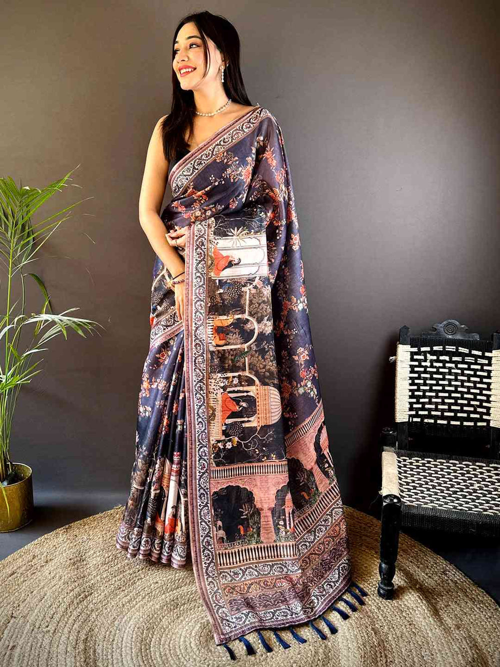 Navy Blue Soft Silk Saree with Floral & Royal Elephant Print and Contrast Border