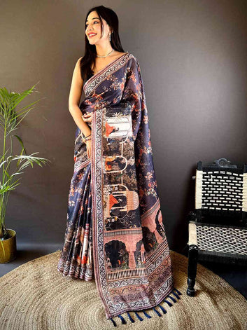 Navy Blue Soft Silk Saree with Floral & Royal Elephant Print and Contrast Border