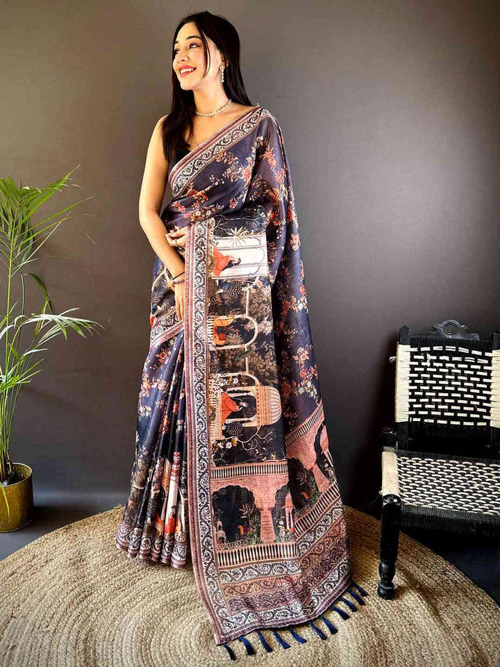 Navy Blue Soft Silk Saree with Floral & Royal Elephant Print and Contrast Border
