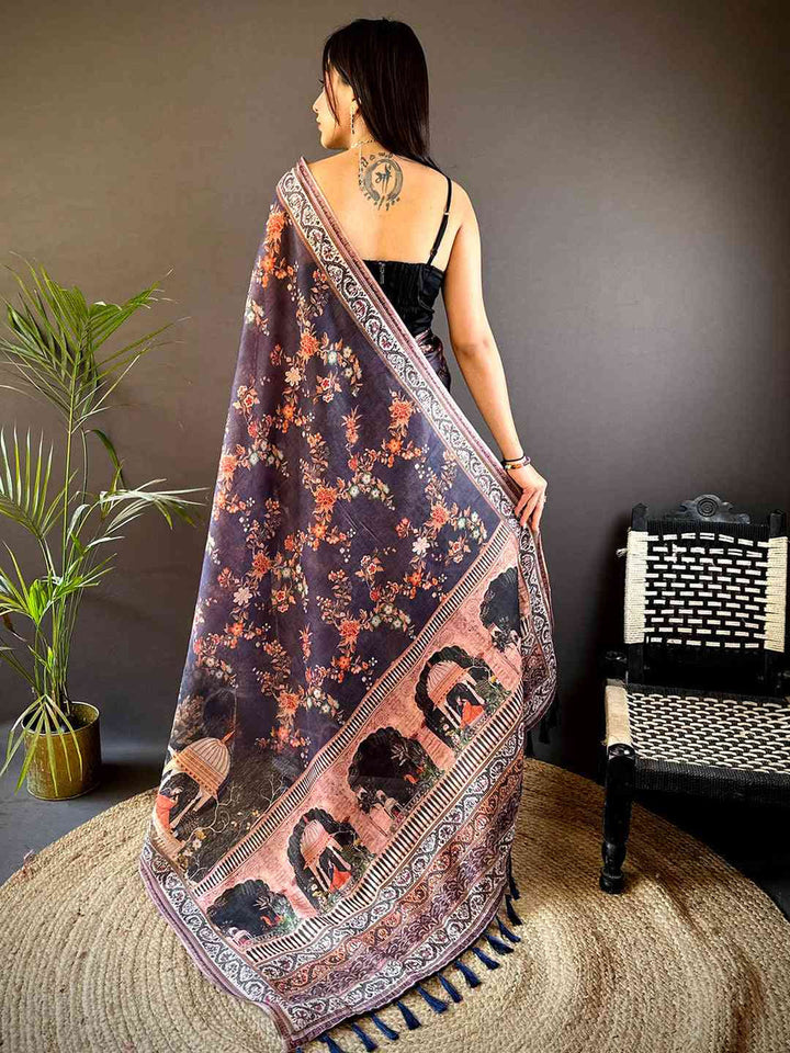 Navy Blue Soft Silk Saree with Floral & Royal Elephant Print and Contrast Border