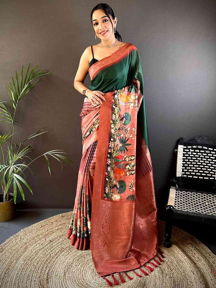 Green & Rust Soft Silk Saree with Digital Kalamkari Print and Woven Zari Border