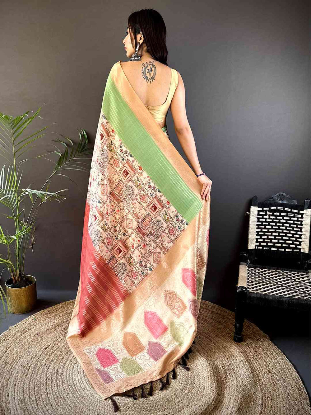 Multicolor Soft Silk Saree with Pastel Green Pallu, Rust Pleats, Digital Print & Woven Zari Border