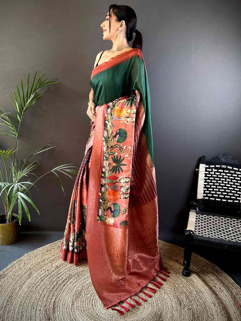Green & Rust Soft Silk Saree with Digital Kalamkari Print and Woven Zari Border