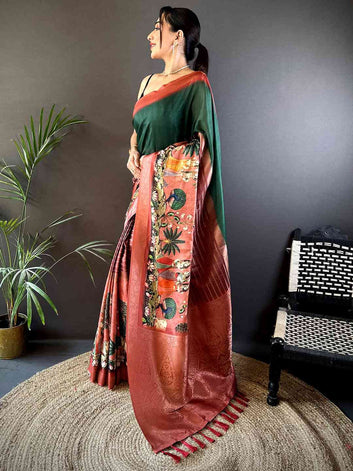 Green & Rust Soft Silk Saree with Digital Kalamkari Print and Woven Zari Border